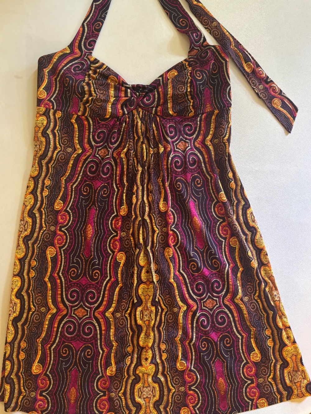Silk Halter A-Line Mini Dress Geometric Print Purple Gold Bow Size 10 Petite